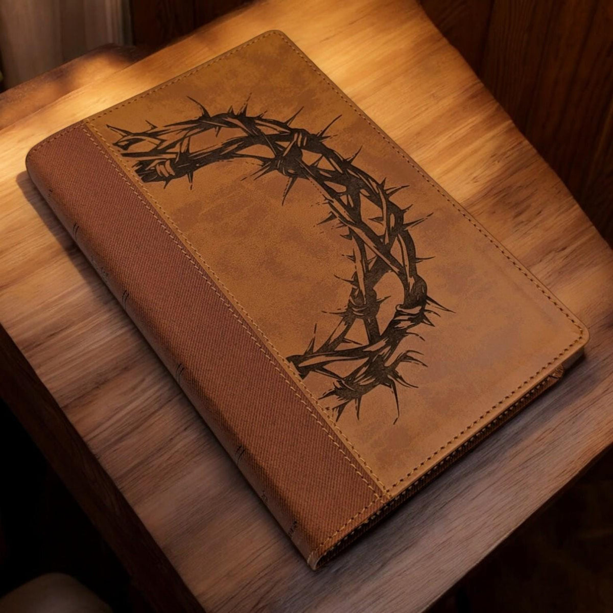 Personalized NIV Bible Large Print: Engraved Crown of Thorns, Brown Leatherlike