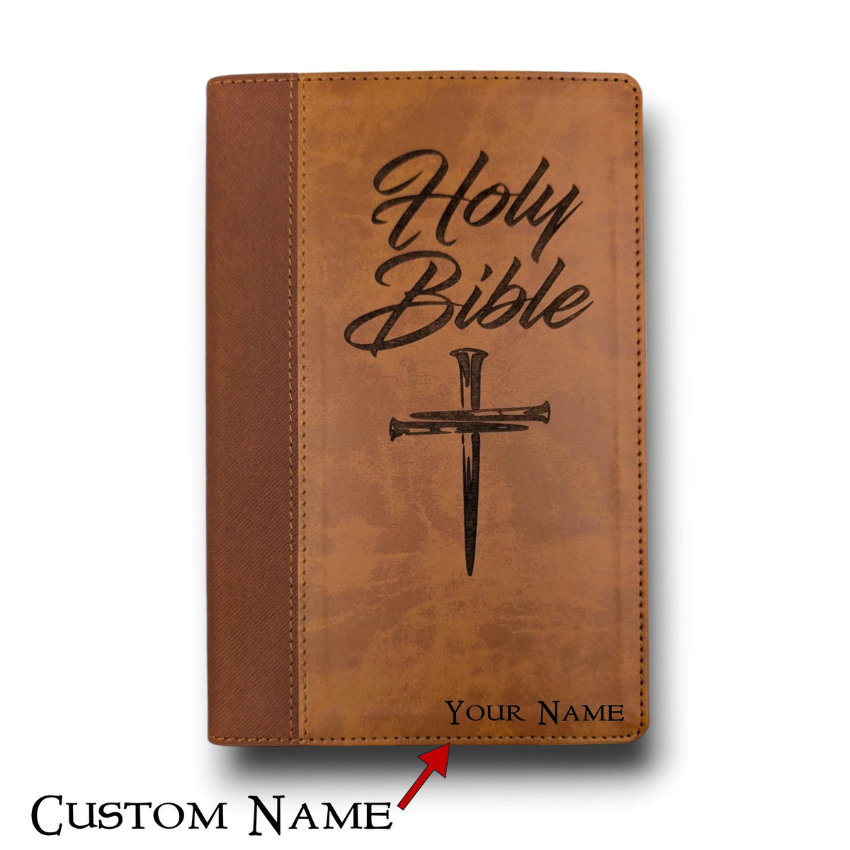 Personalized NIV Bible Large Print, Thumb Index: Engraved Cross of Nails, Brown Leatherlike