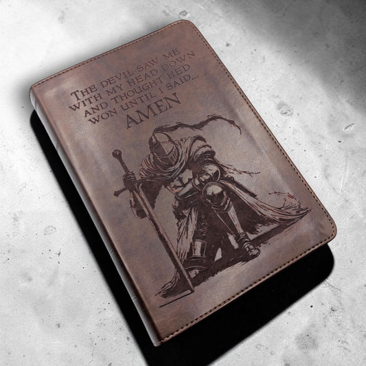 Personalized ESV Study Bible: Engraved Kneeling Warrior, Brown Leatherlike, Personal Size