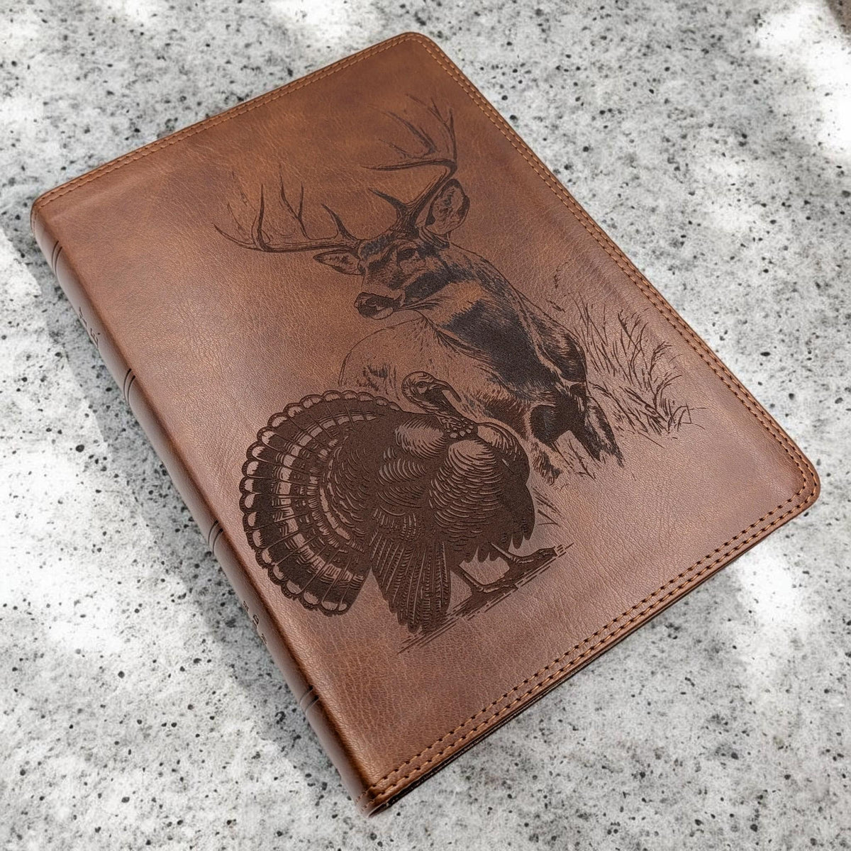 Personalized ESV Bible Giant Print: Engraved Deer and Turkey, Deep Brown Leatherlike