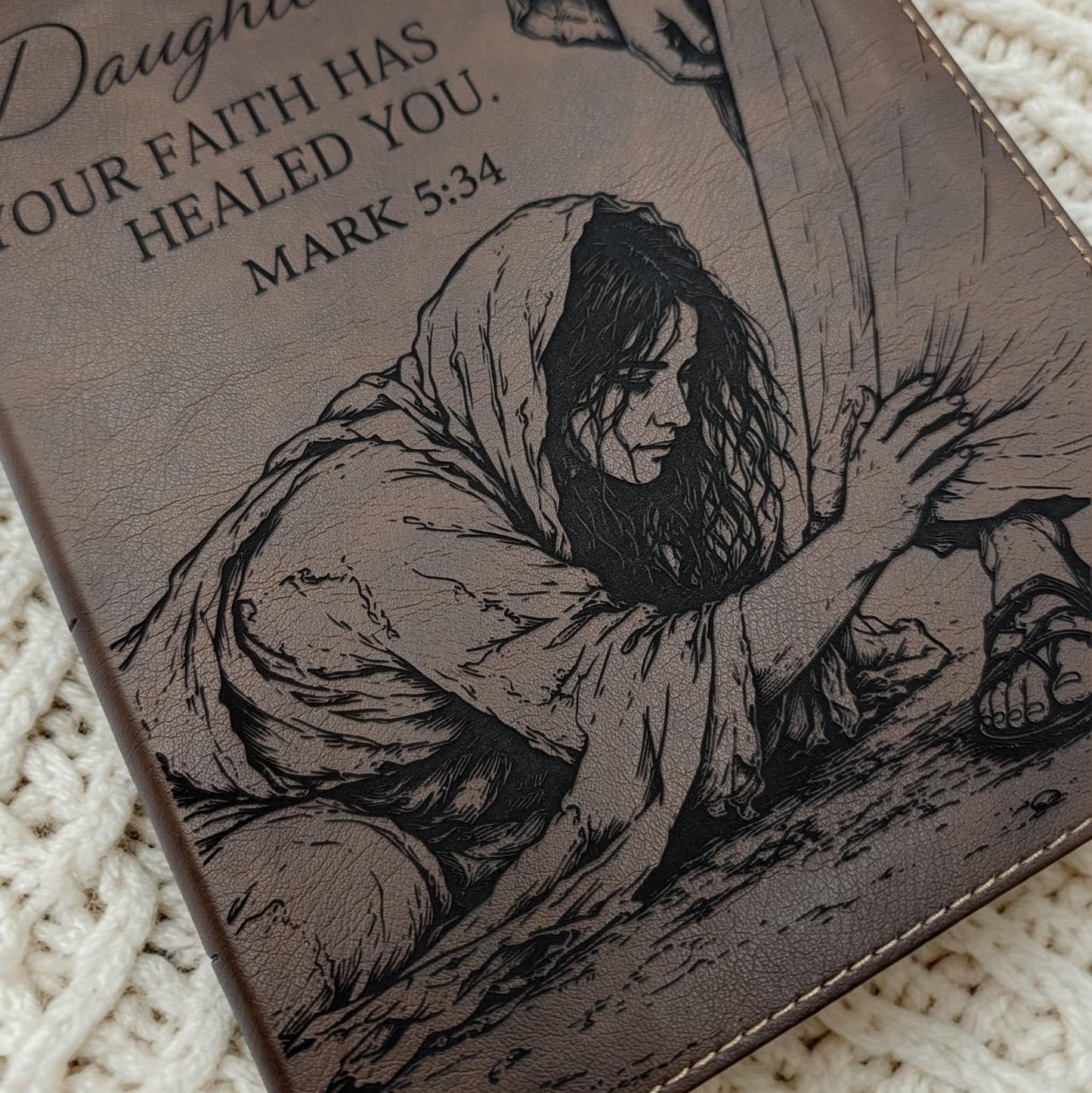 Personalized NIV Journal Bible: Woman Touching Jesus' Garment Engraving, Lined Wide Margins