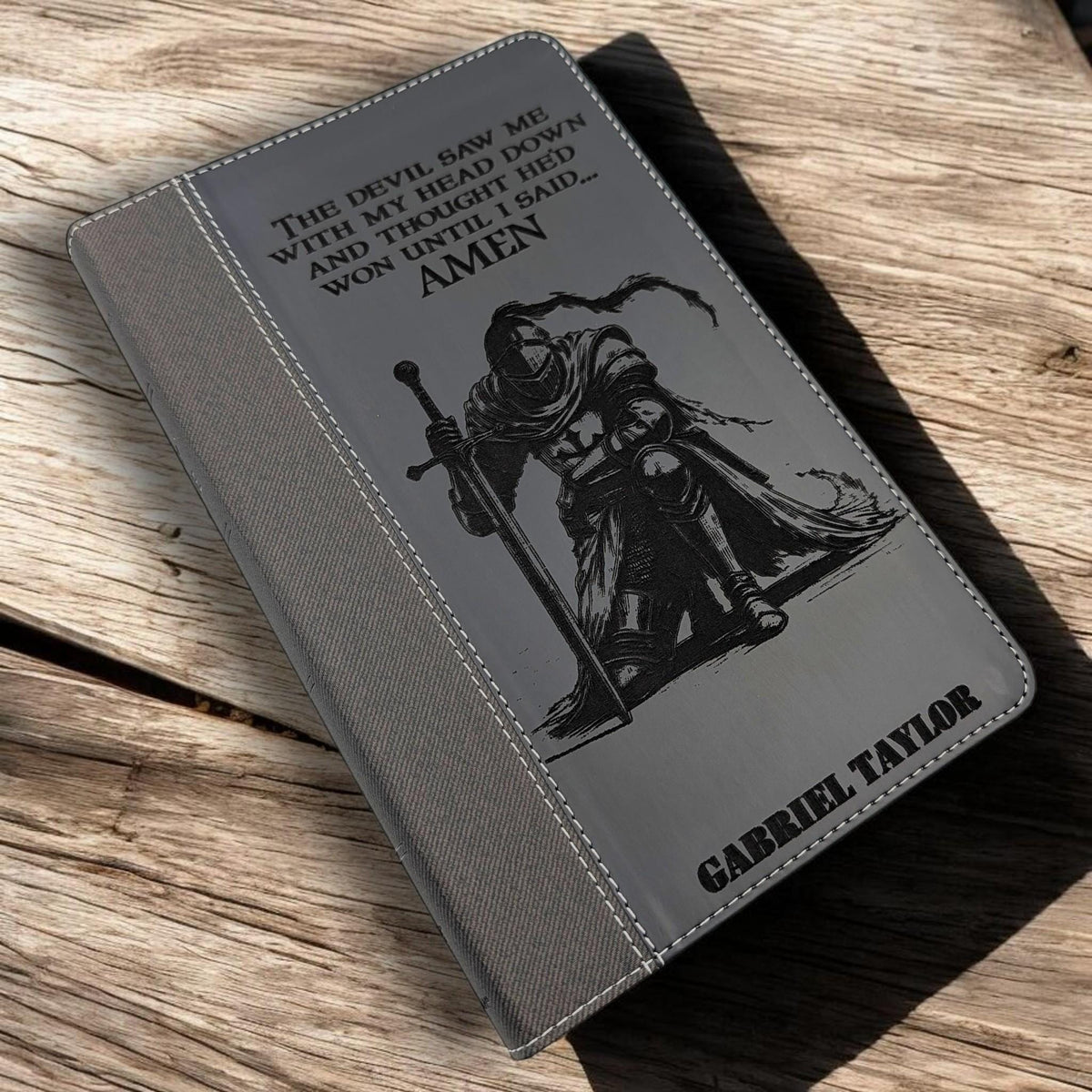 Personalized NIV Bible Large Print: Engraved Kneeling Warrior, Black Leatherlike
