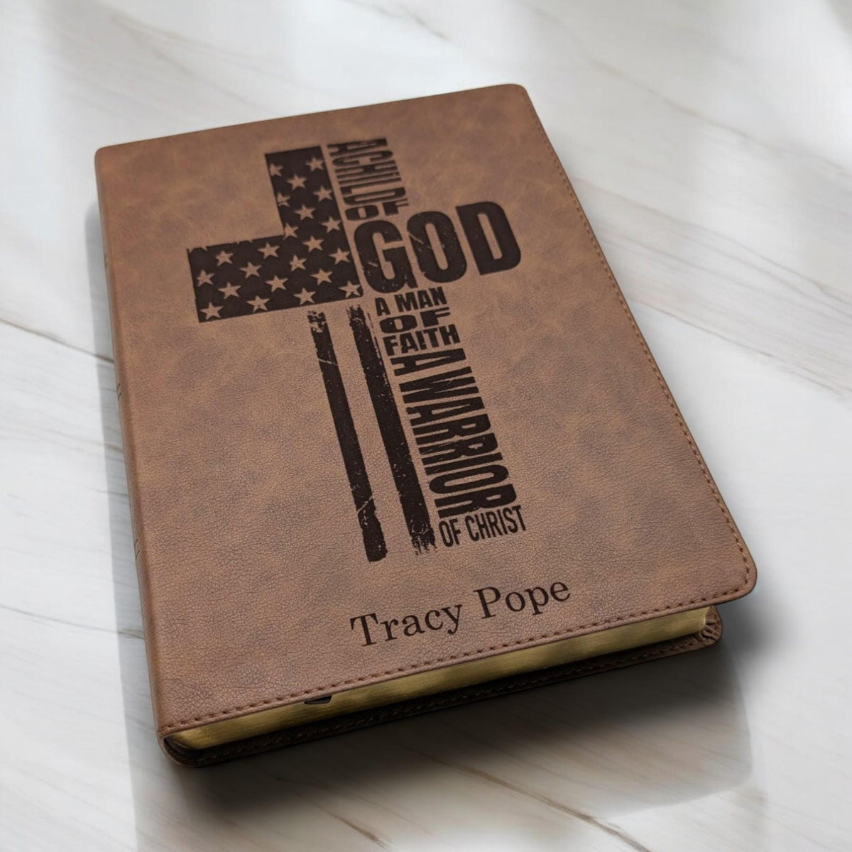Personalized KJV Bible: Engraved Warrior of God Cross, Wide Margin, Brown Leatherlike