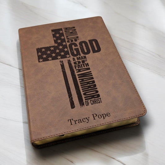 Personalized KJV Bible: Engraved Warrior of God Cross, Wide Margin, Brown Leatherlike