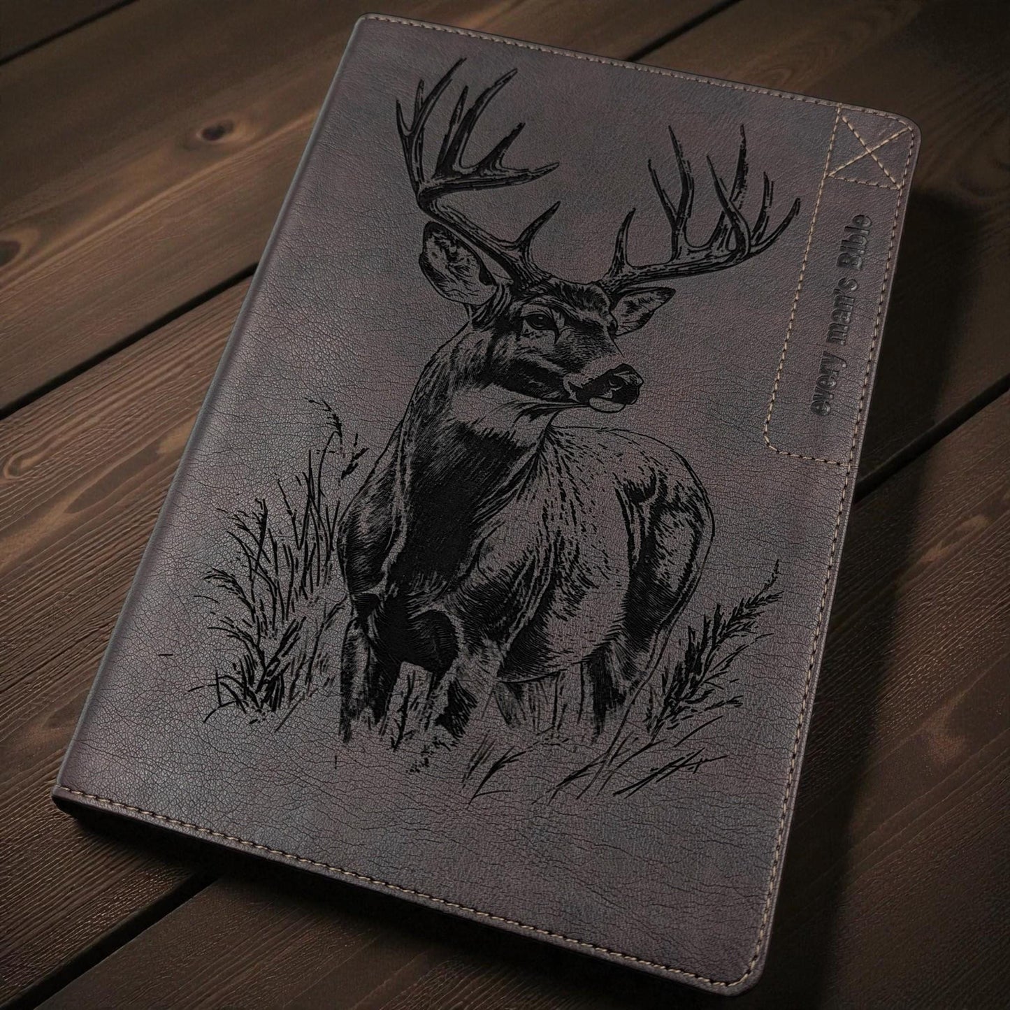 Personalized Every Man's Large Print NIV Bible: Engraved Buck Deer, Brown Leatherlike