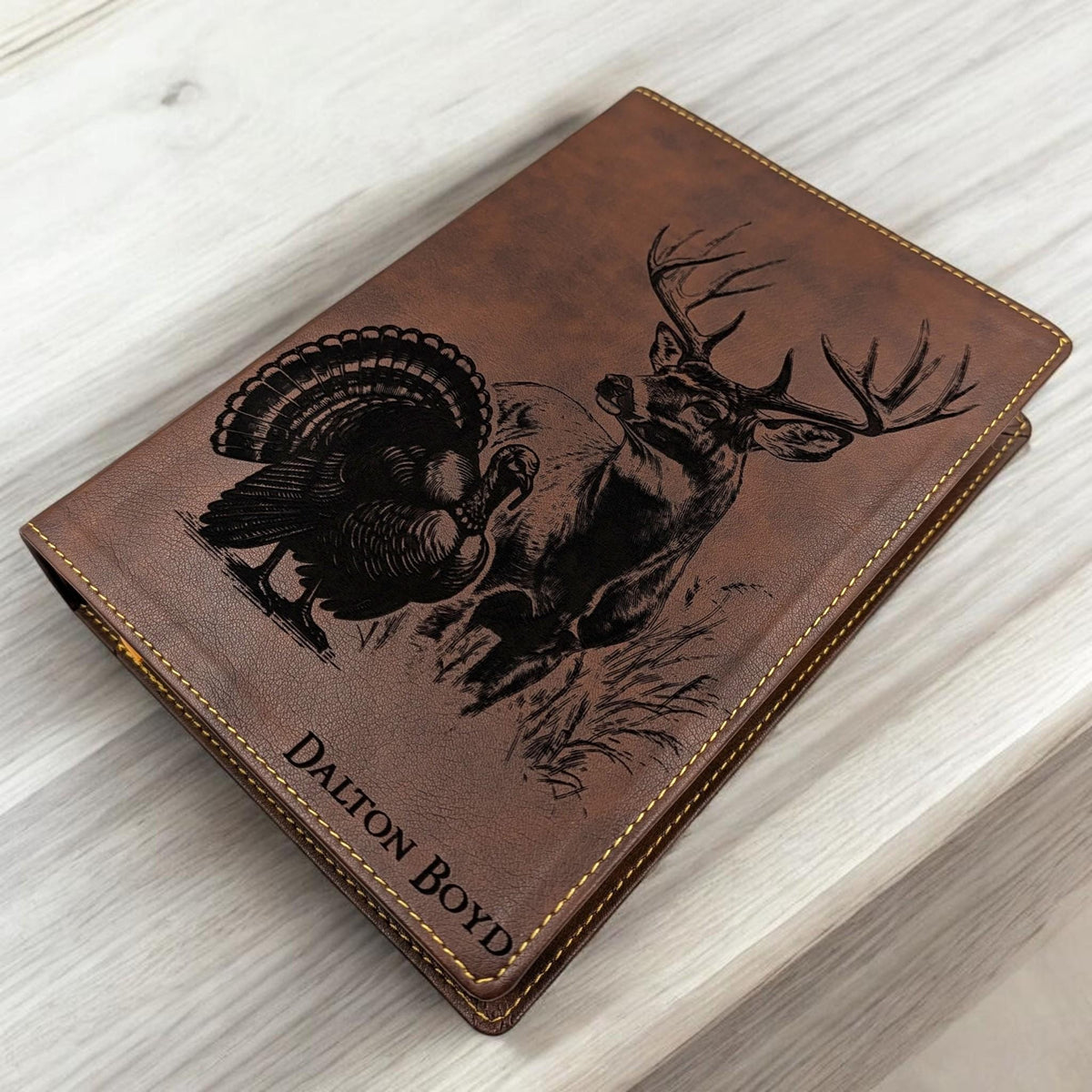 Personalized NKJV Bible with References: Engraved Buck Deer and Turkey, Wide Margins