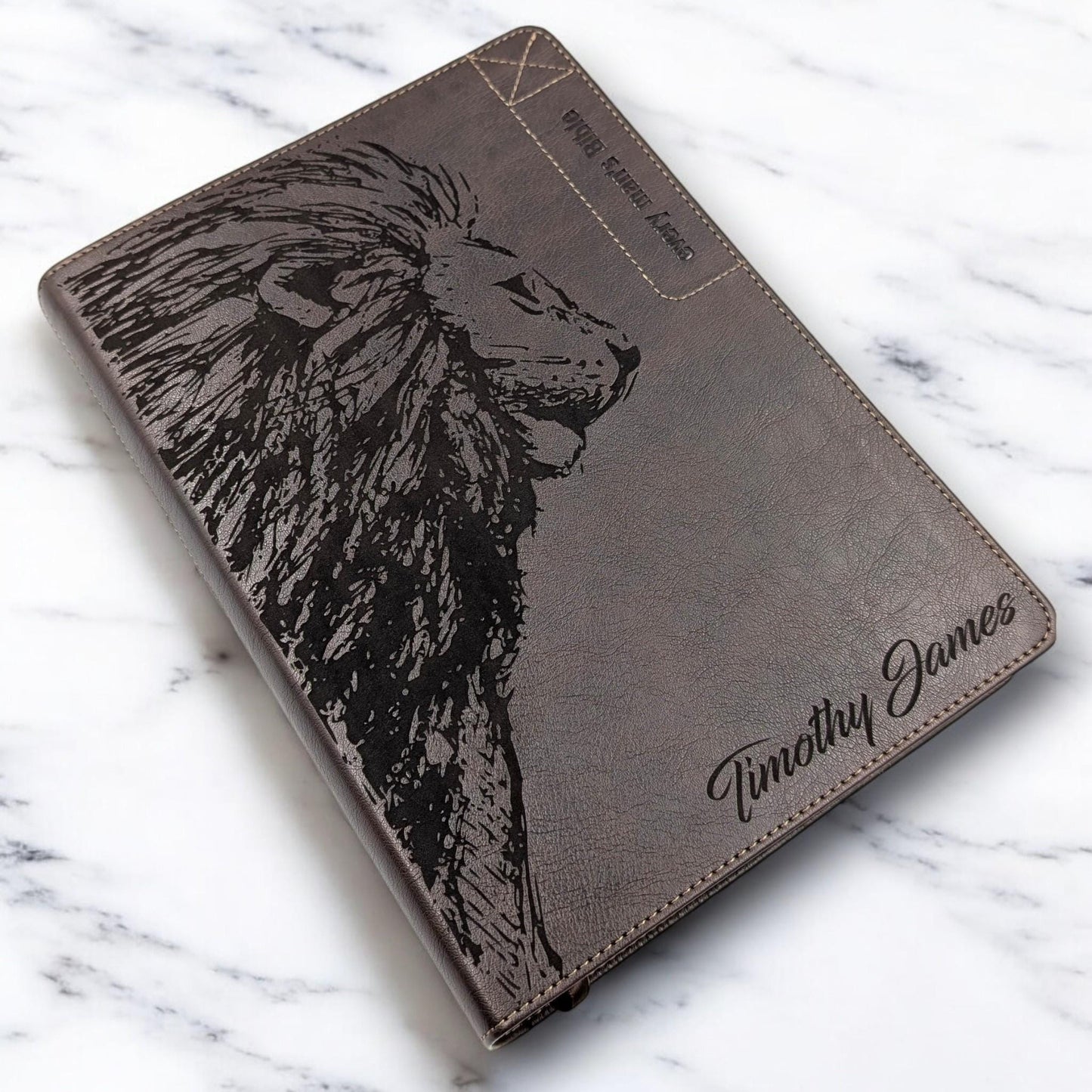 Personalized Every Man's Large Print NLT Bible (Brown): Engraved Lion, Optional Thumb Index