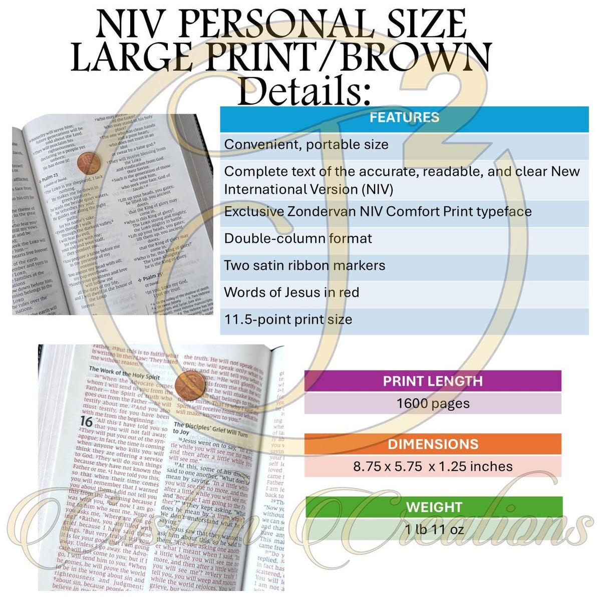 Personalized NIV Bible Large Print: Engraved Crown of Thorns, Brown Leatherlike