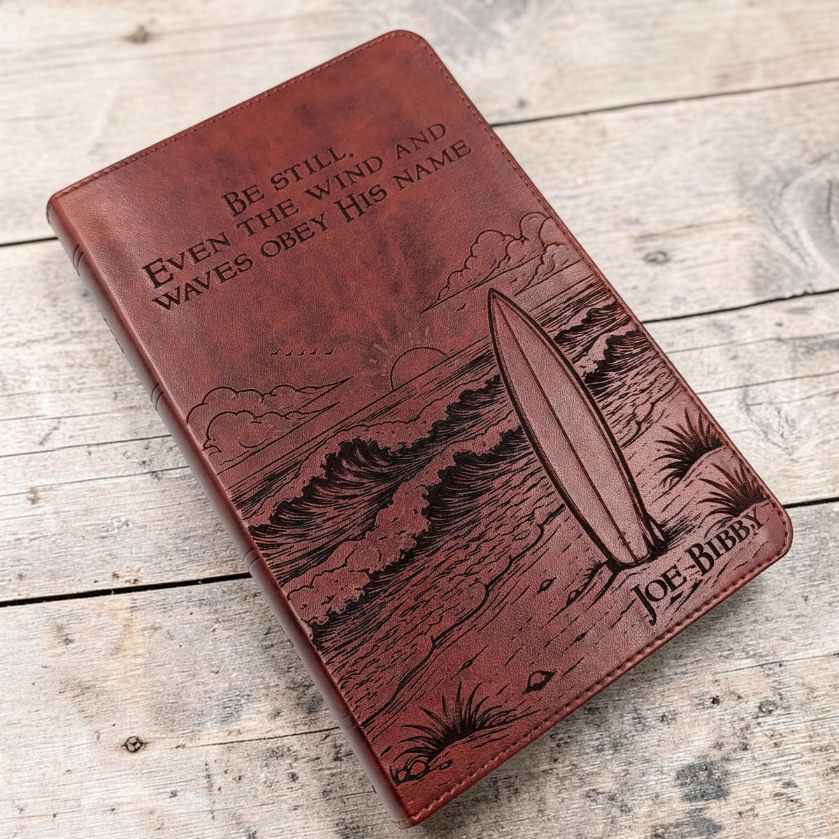 Personalized ESV Bible Large Print: Engraved with Ocean Waves and Surfboard Design, Custom Name