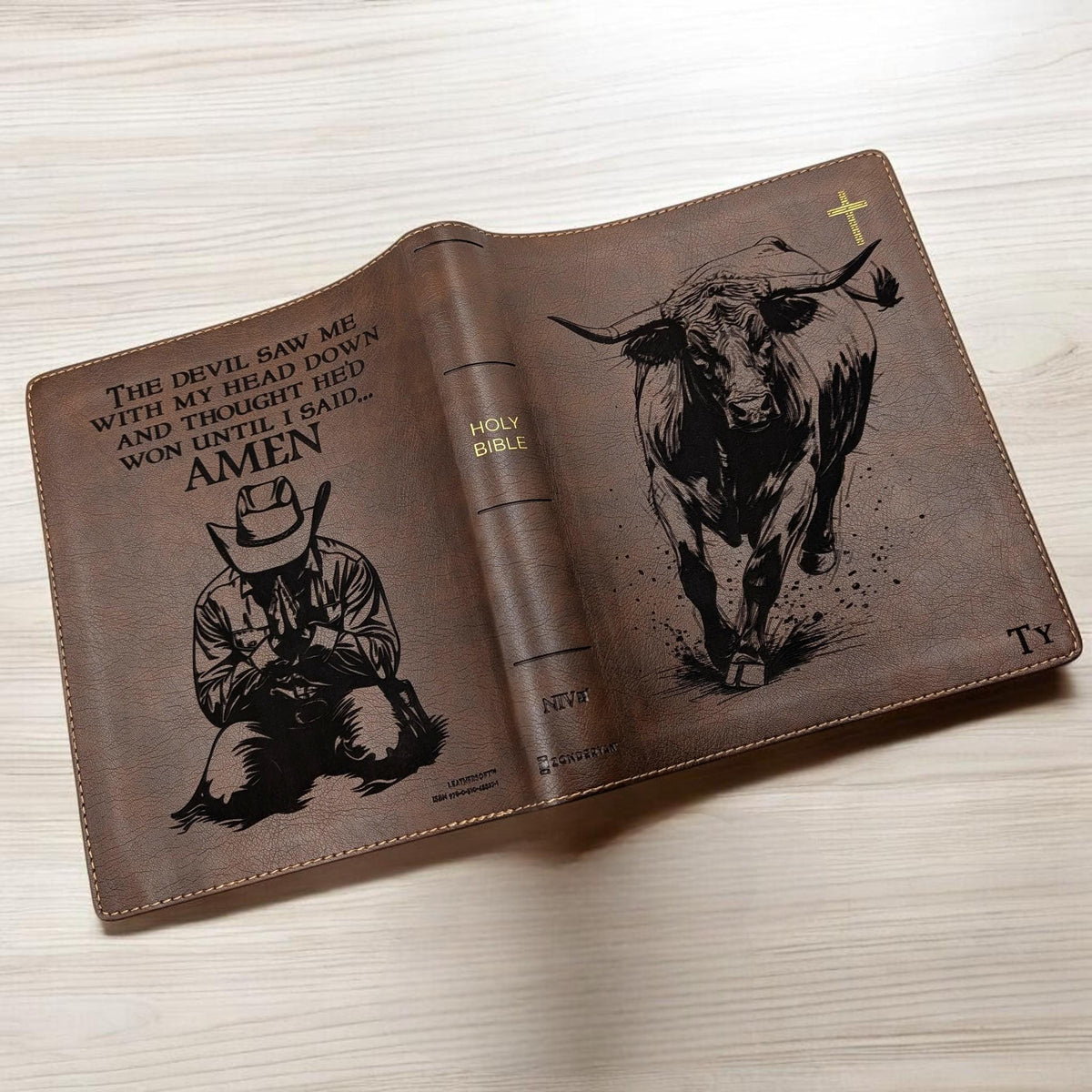 Personalized NIV Journal Bible: Engraved Rodeo Bull and Kneeling Cowboy, Lined Wide Margins