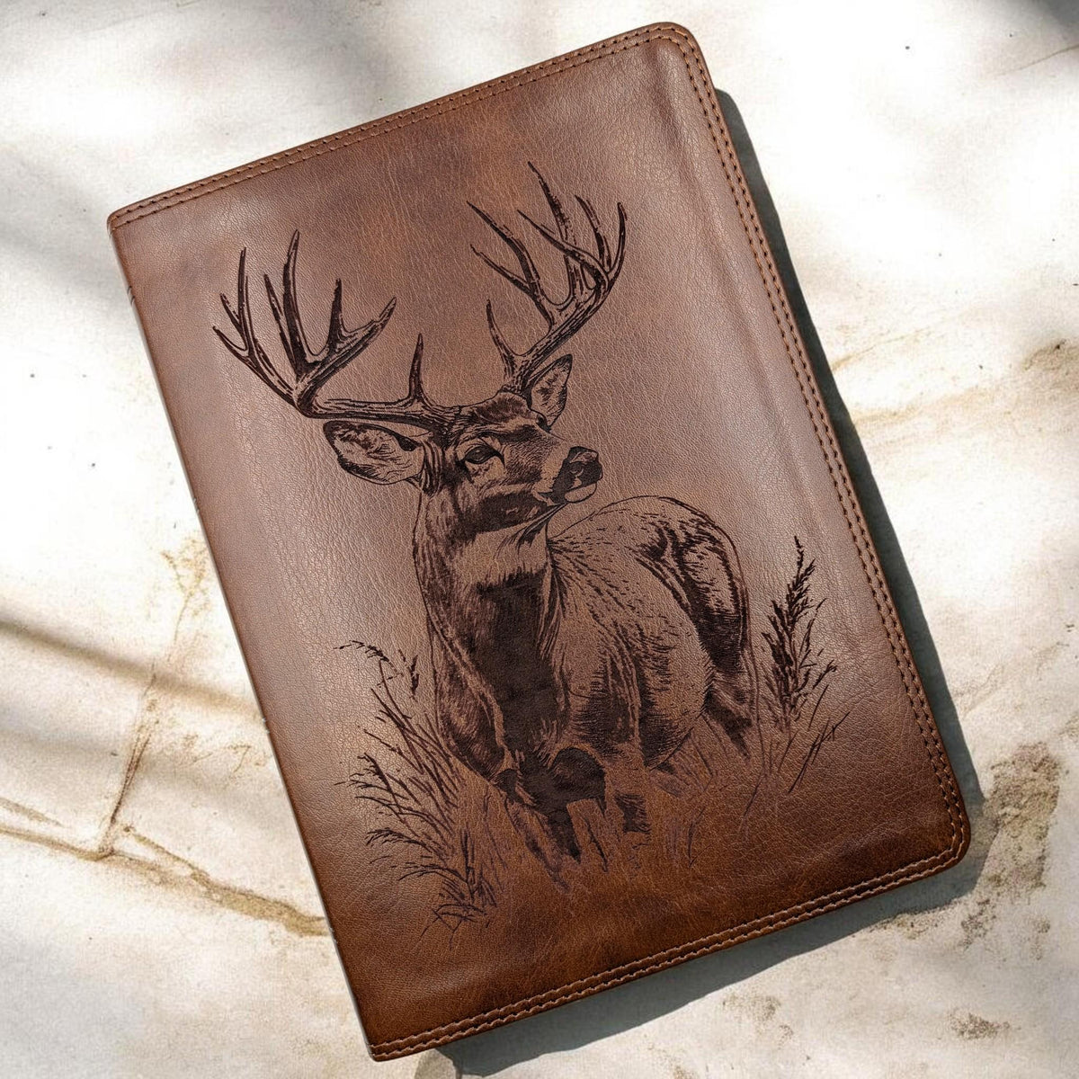 Personalized ESV Bible Giant Print: Engraved Buck Deer, Deep Brown Leatherlike
