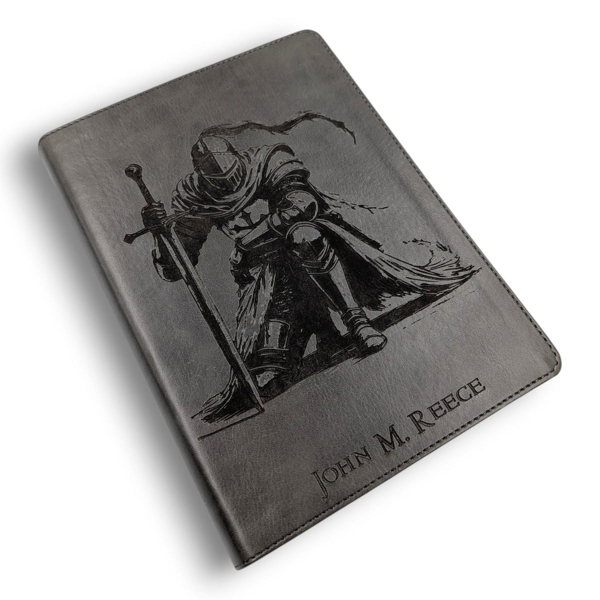 Personalized CSB He Reads Truth Bible: Engraved Kneeling Knight, Gray Leatherlike, Wide Margin