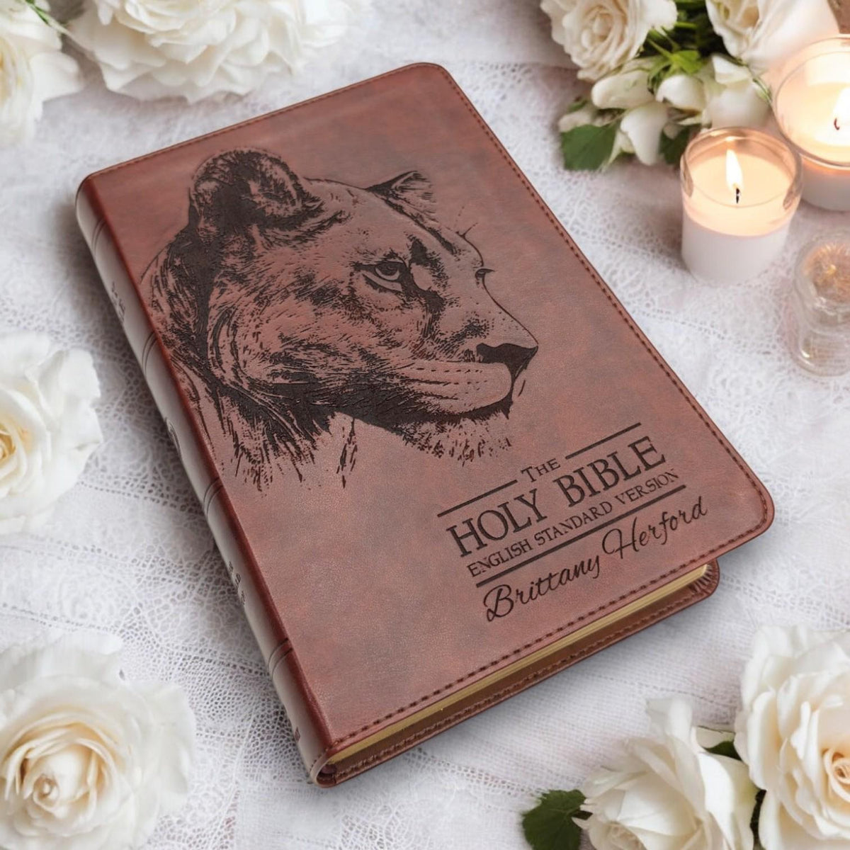 Personalized ESV Bible Large Print: Engraved Lioness and Holy Bible