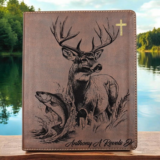Personalized NIV Journal Bible: Engraved Buck Deer a Red Drum Fish, Lined Wide Margins