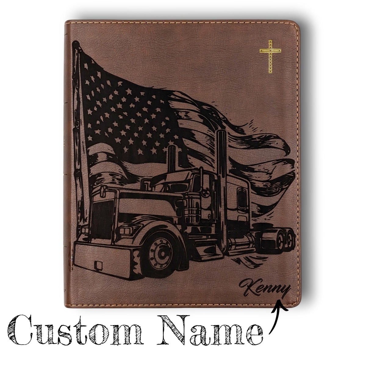 Personalized NIV Journal Bible: Engraved Semi Truck and American Flag, Lined Wide Margins