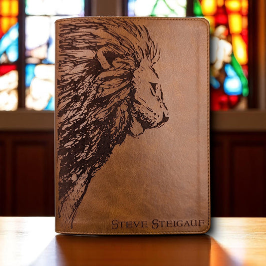 Personalized CSB He Reads Truth Bible: Engraved Lion & Crown, Brown Leatherlike, Wide Margin