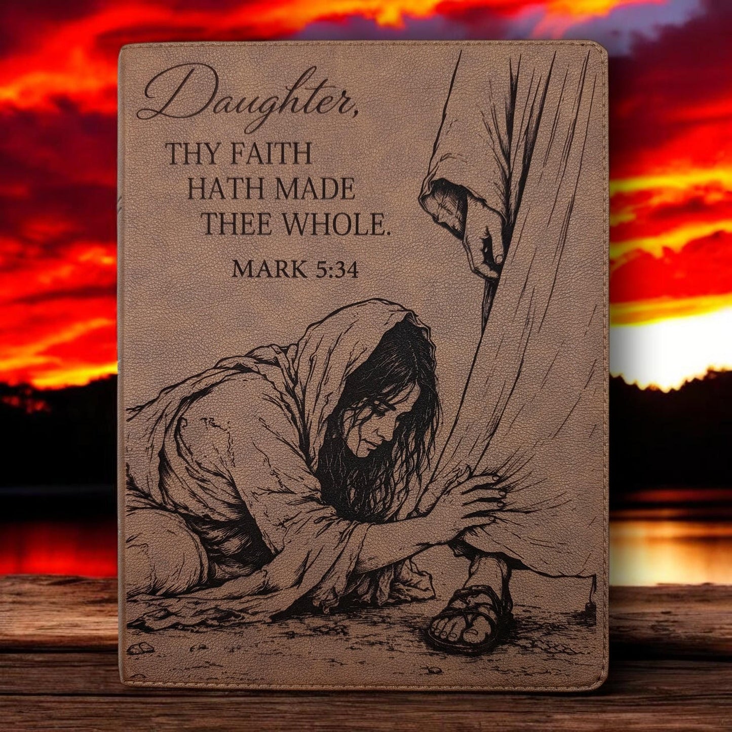 Personalized KJV Bible: Woman Touching Jesus' Garment Engraving, Wide Margin, Brown Leatherlike