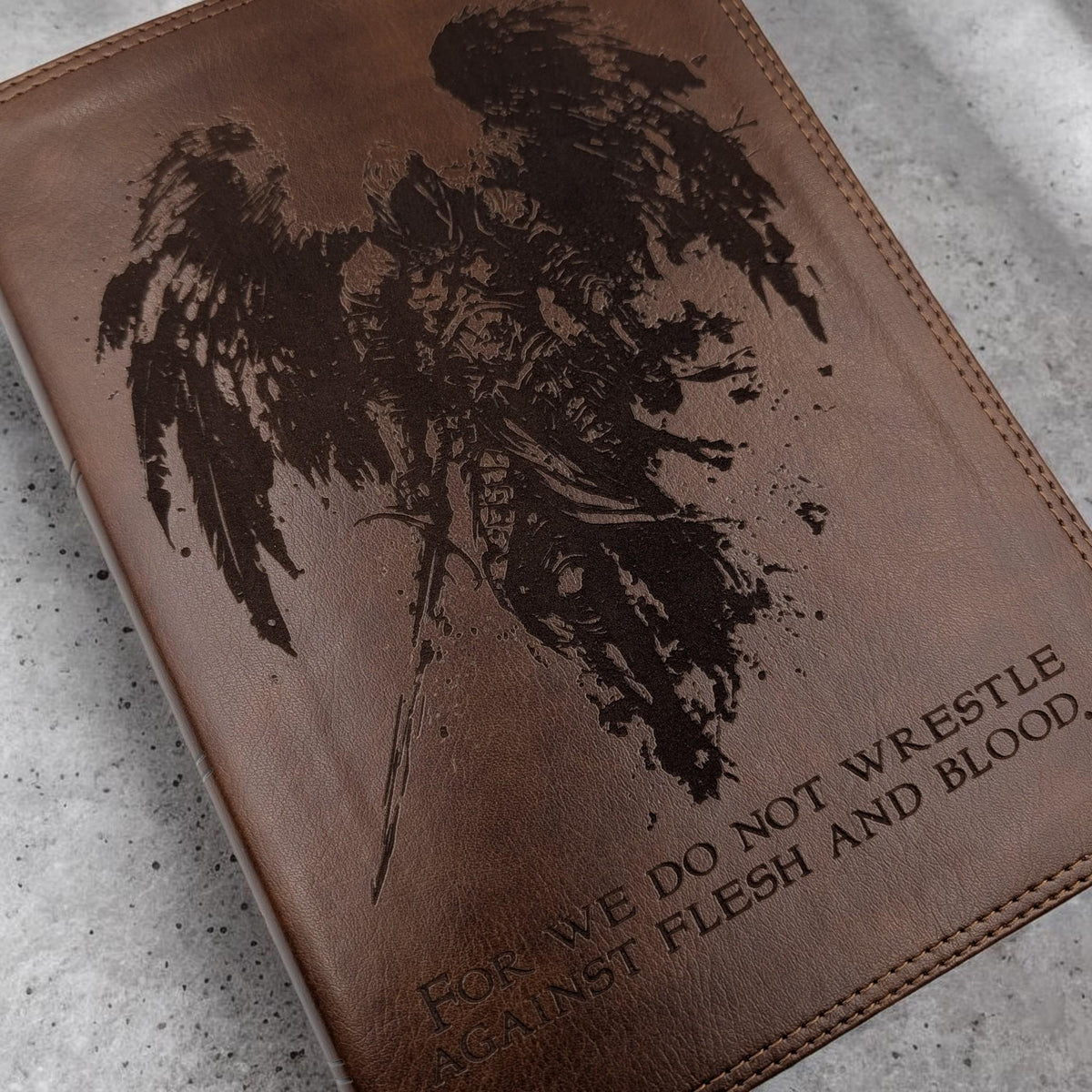 Personalized ESV Bible Giant Print: Engraved Michael the Archangel & Kneeling Warrior, Deep Brown Leatherlike