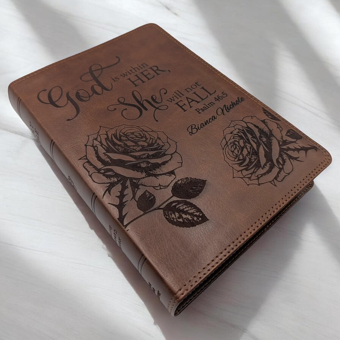 Personalized ESV Bible Giant Print (Brown): Rose Engraving Psalm 46 5, Gift for Her