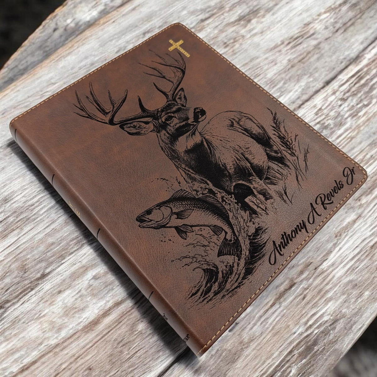 Personalized NIV Journal Bible: Engraved Buck Deer a Red Drum Fish, Lined Wide Margins