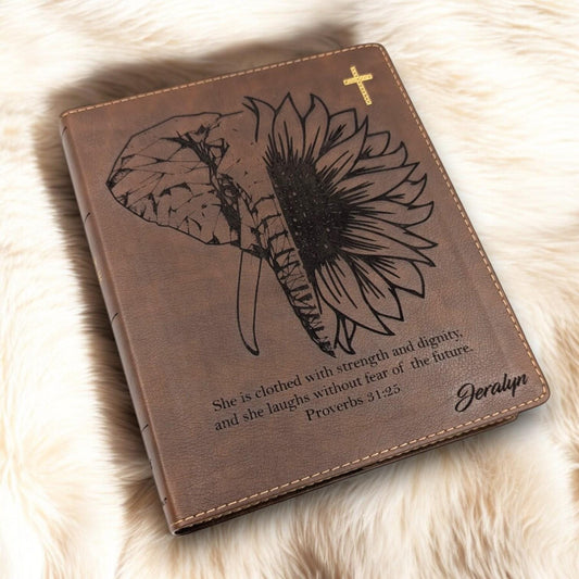 Personalized NIV Journal Bible for Women: Engraved Elephant & Sunflower, Lined Wide Margins