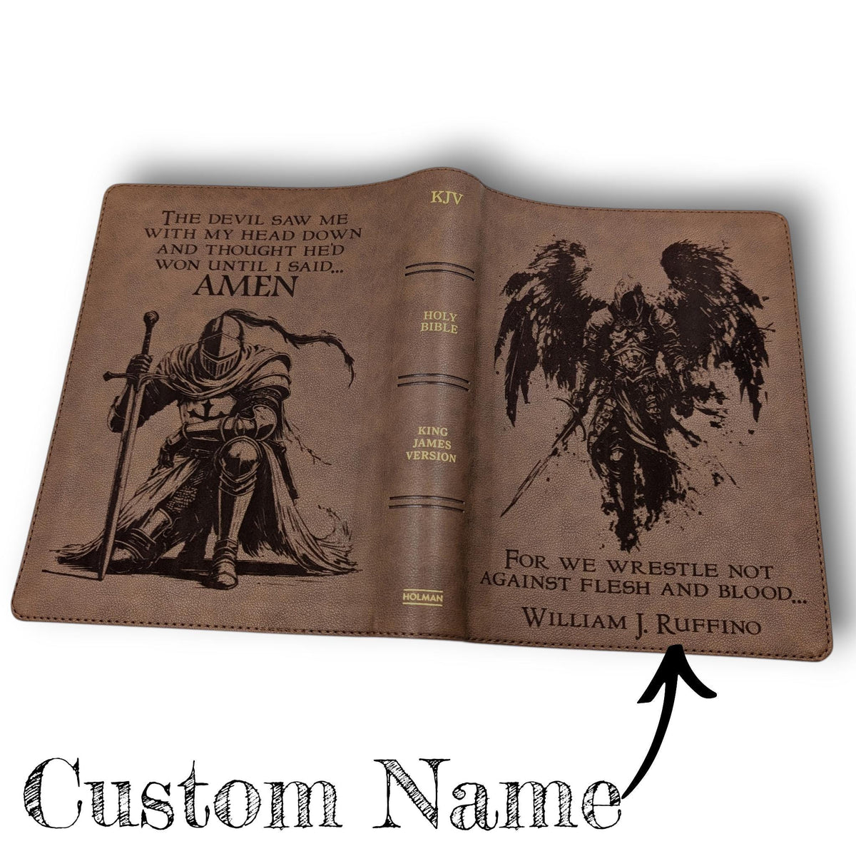 Personalized KJV Bible: Engraved Michael the Archangel and Kneeling Warrior, Wide Margin, Brown Leatherlike