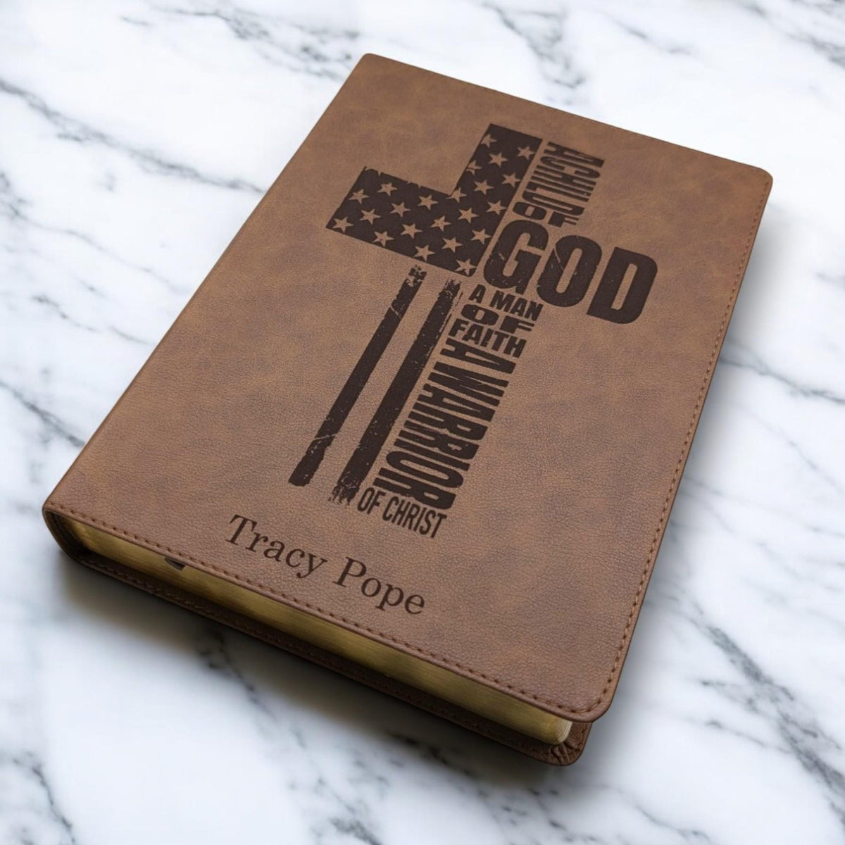 Personalized KJV Bible: Engraved Warrior of God Cross, Wide Margin, Brown Leatherlike