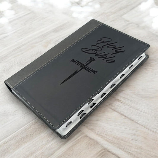 Personalized NIV Bible Large Print: Engraved Cross of Nails, Black Leatherlike, Thumb Index