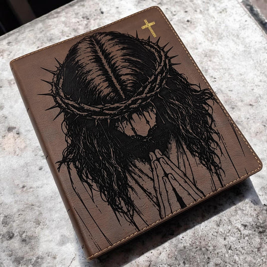Personalized NIV Journal Bible: Engraved Praying Jesus with Crown of Thorns, Lined Wide Margins