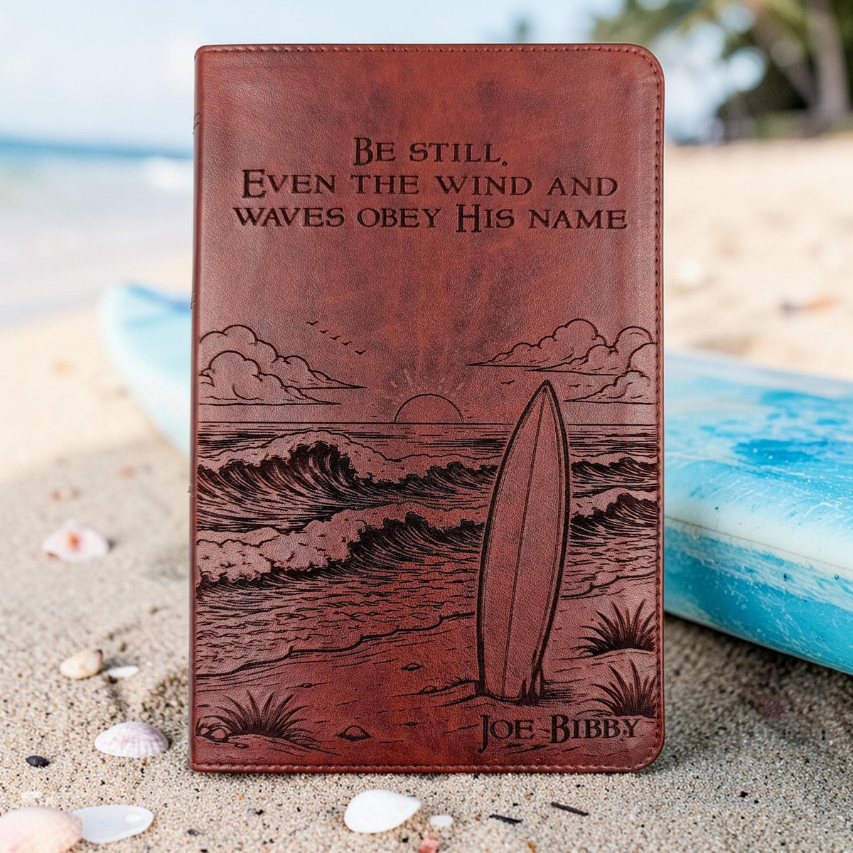 Personalized ESV Bible Large Print: Engraved with Ocean Waves and Surfboard Design, Custom Name
