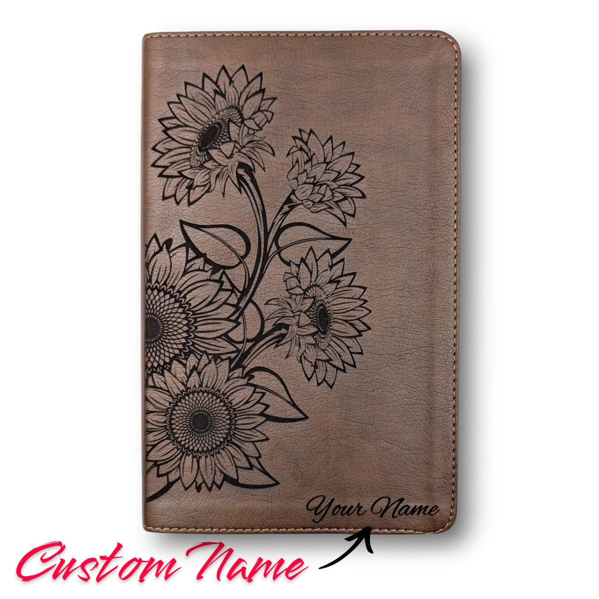 Personalized NLT Thinline Reference Bible for Women: Engraved Sunflower, Rustic Brown Leatherlike