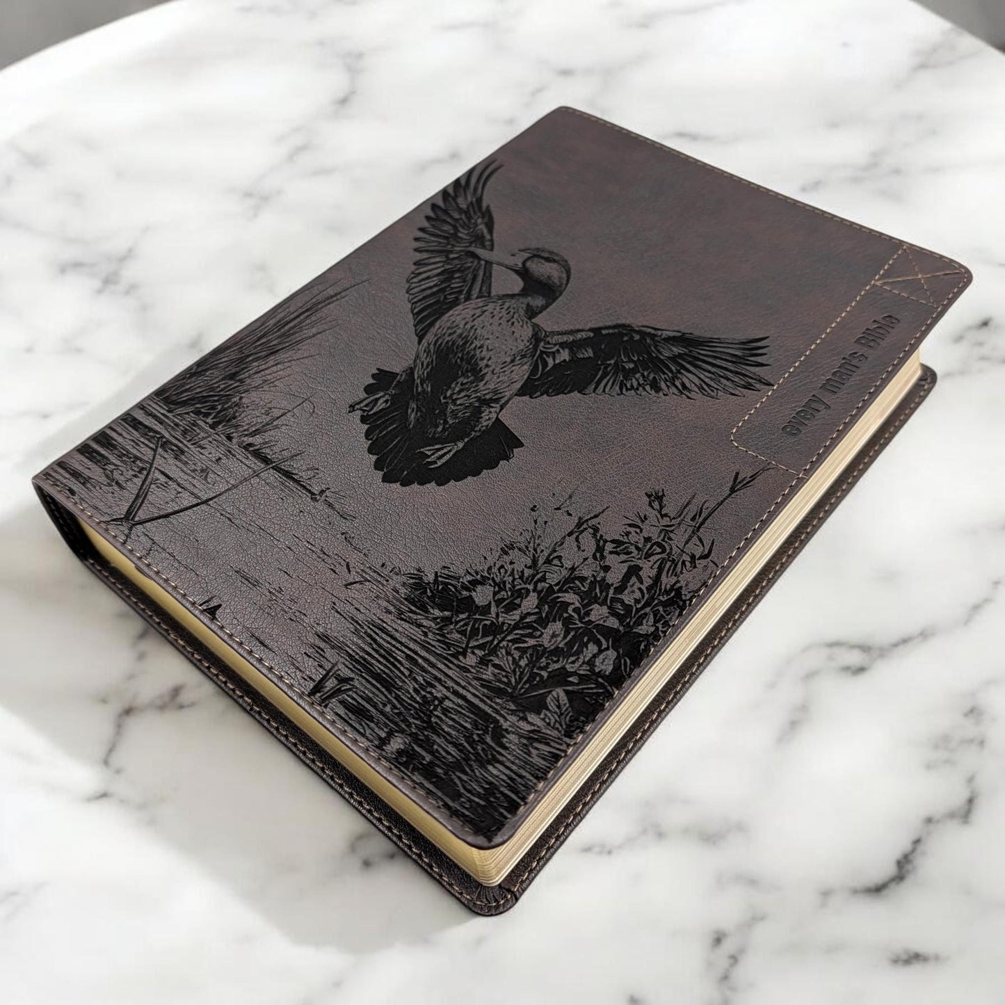 Personalized Every Man's Large Print NLT Bible: Duck Engraving, Brown Cover, Optional Thumb Index