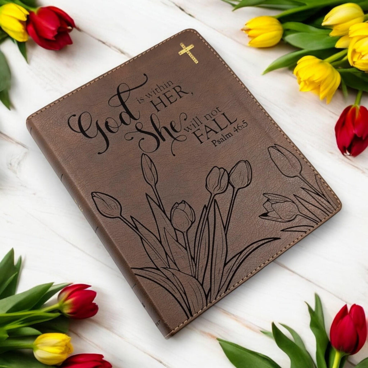 Personalized NIV Journal Bible: Tulip Flowers and Psalm 46-5 Engraving, Lined Wide Margins