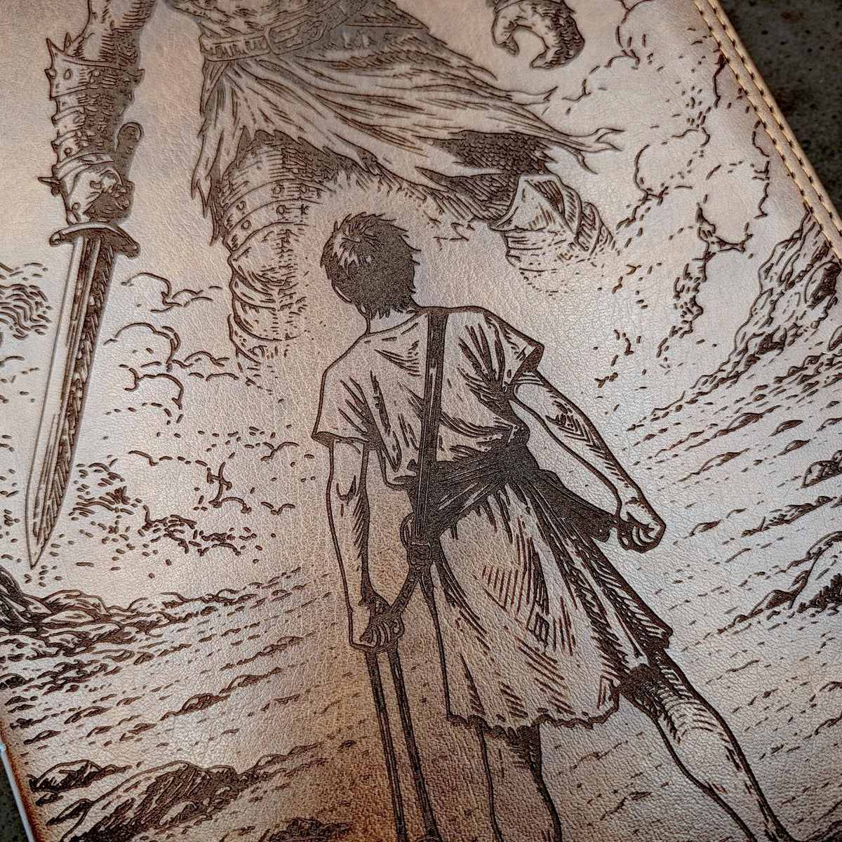 Personalized ESV Bible Giant Print: Engraved David and Goliath Design, Deep Brown Leatherlike