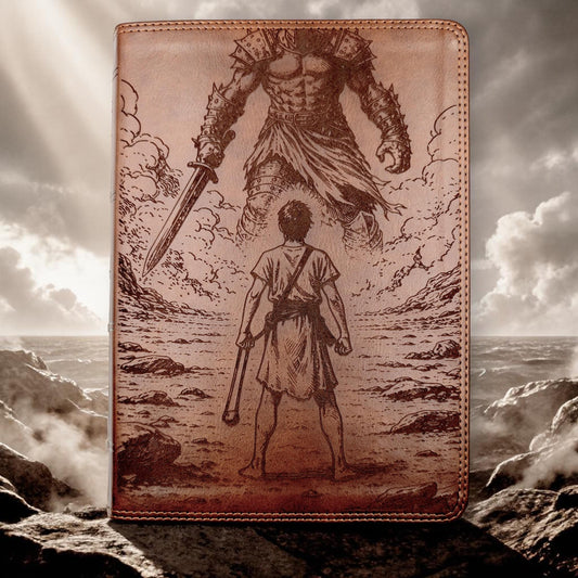 Personalized ESV Bible Giant Print: Engraved David and Goliath Design, Deep Brown Leatherlike