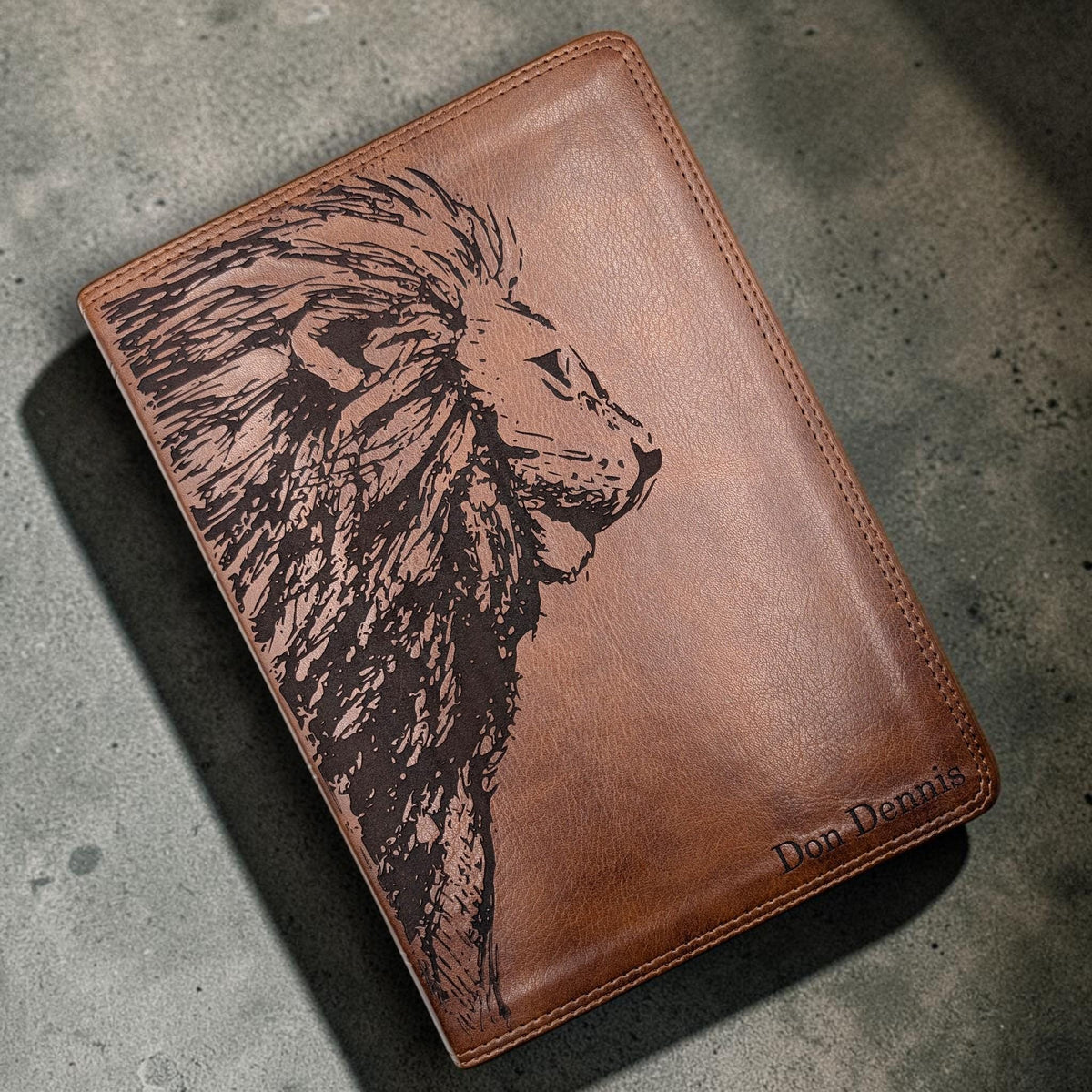 Personalized ESV Bible Giant Print: Engraved Lion and Custom Name, Brown Leatherlike Cover