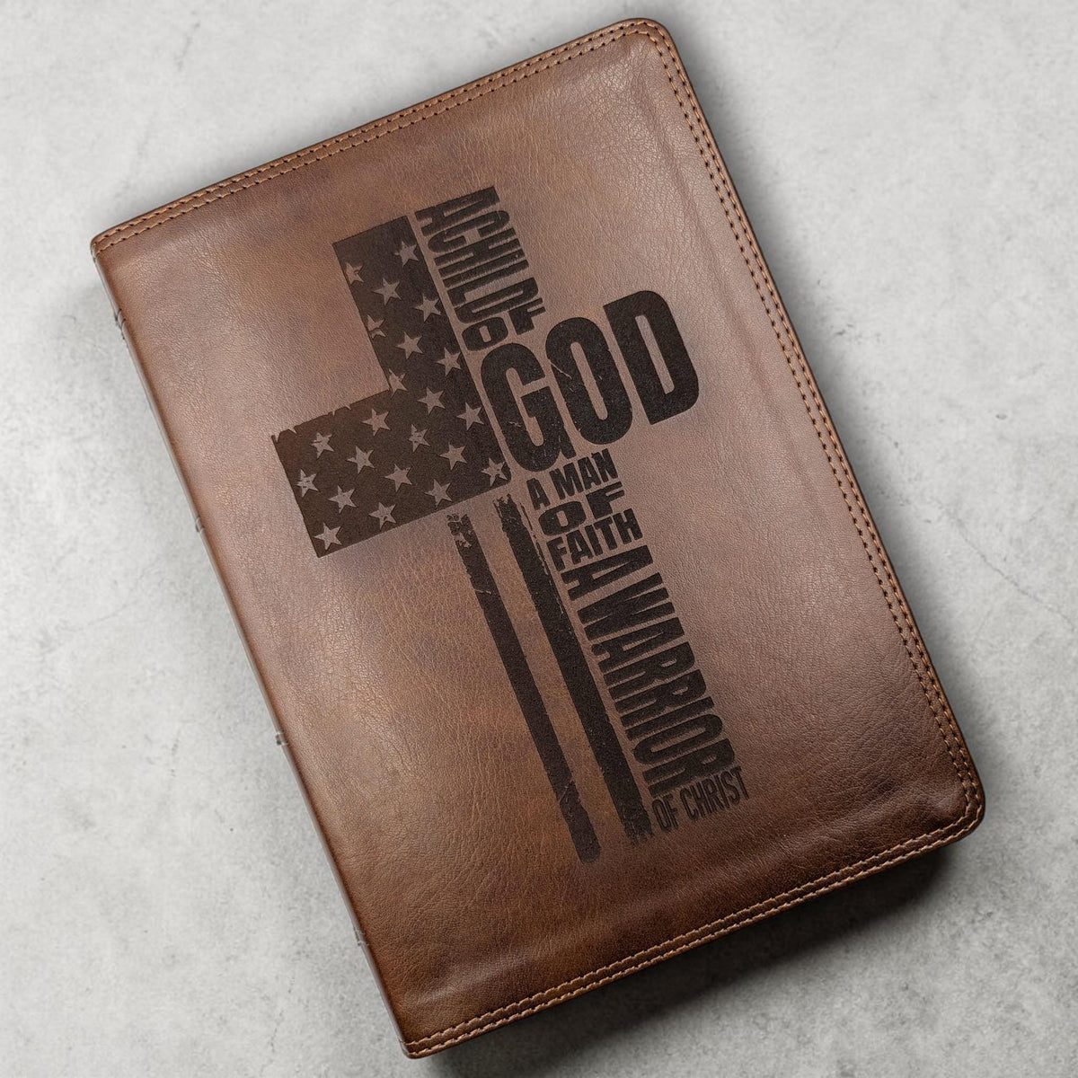 Personalized ESV Bible Giant Print: Engraved Warrior of Christ Cross Design, Deep Brown Leatherlike