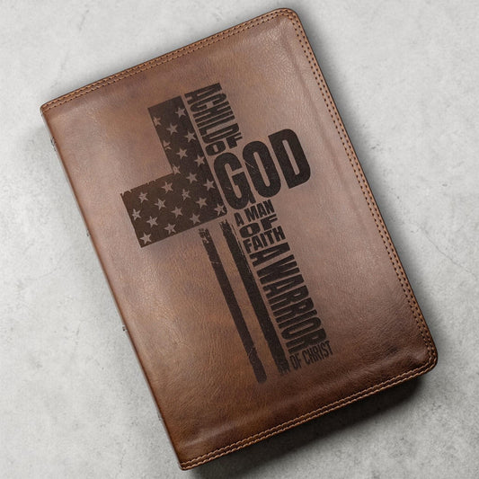 Personalized ESV Bible Giant Print: Engraved Warrior of Christ Cross Design, Deep Brown Leatherlike