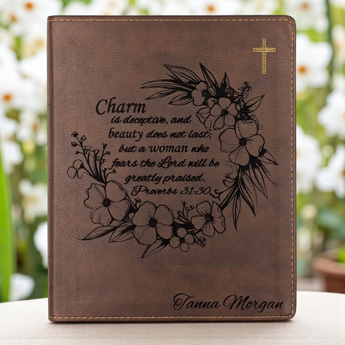 Personalized NIV Journal Bible: Engraved Flower Wreath and Proverbs 31-30, Lined Wide Margins