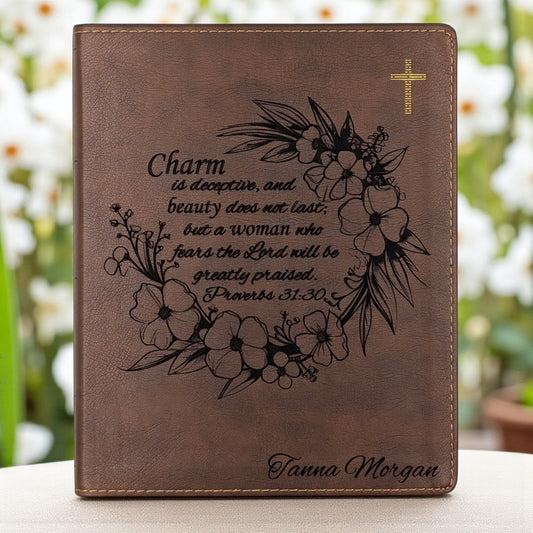 Personalized NIV Journal Bible: Engraved Flower Wreath and Proverbs 31-30, Lined Wide Margins