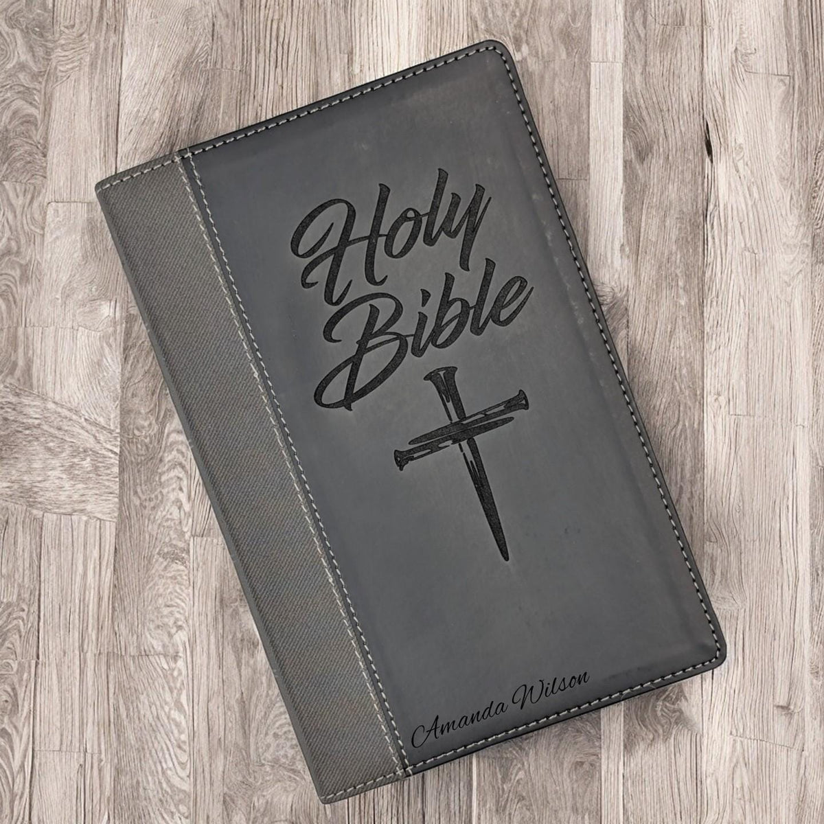 Personalized NIV Bible Large Print: Engraved Cross of Nails, Black Leatherlike, Thumb Index