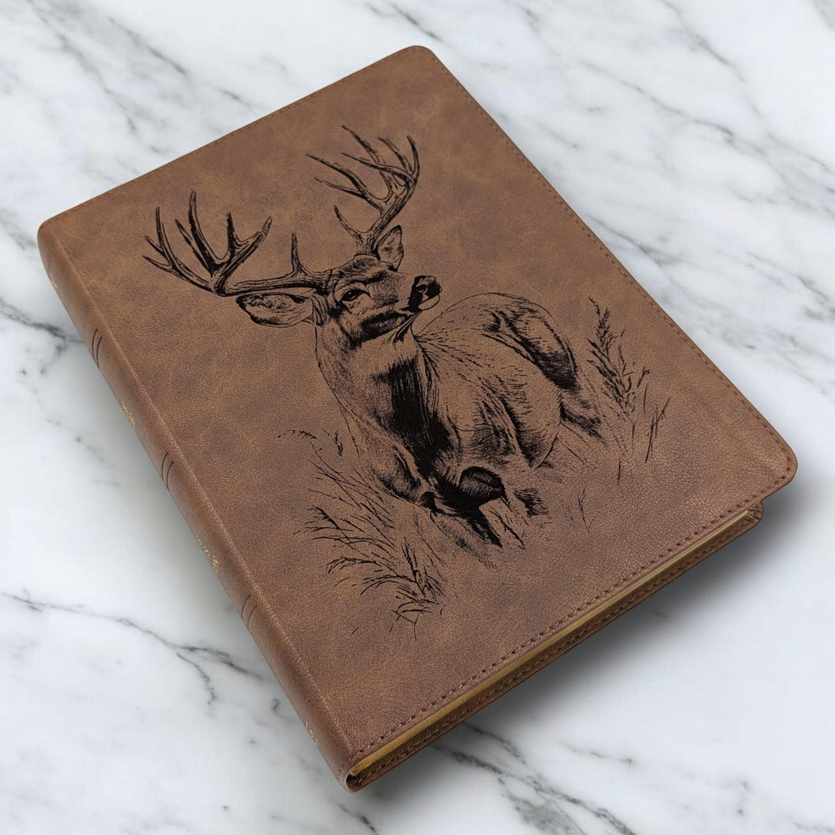Personalized KJV Bible: Engraved Deer, Wide Margin, Brown