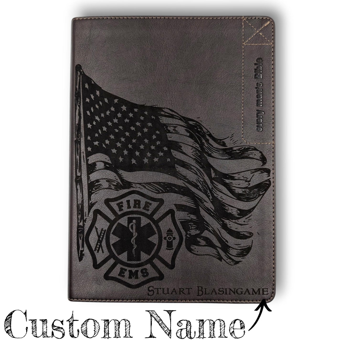 Personalized Every Man's Large Print NLT Bible (Brown): Engraved EMS & Firefighter, Optional Thumb Index