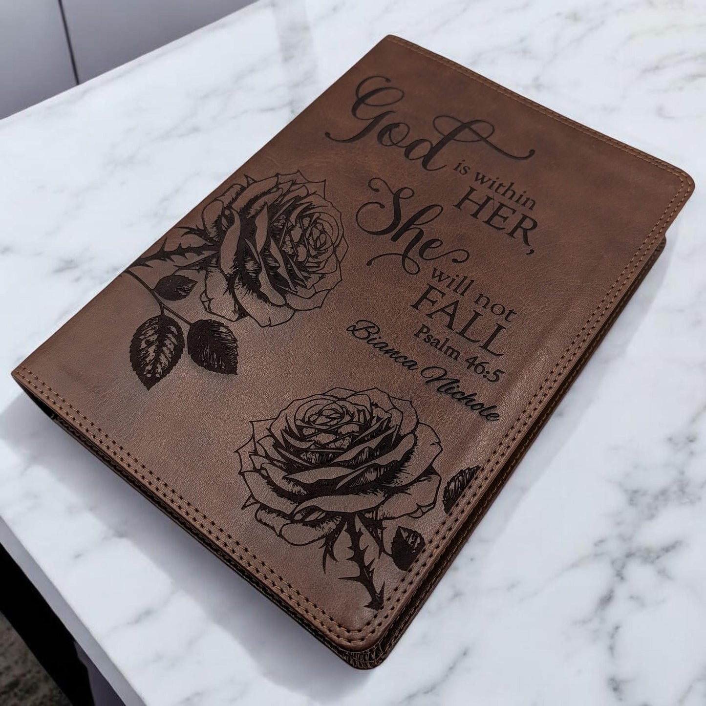 Personalized ESV Bible Giant Print (Brown): Rose Engraving Psalm 46 5, Gift for Her