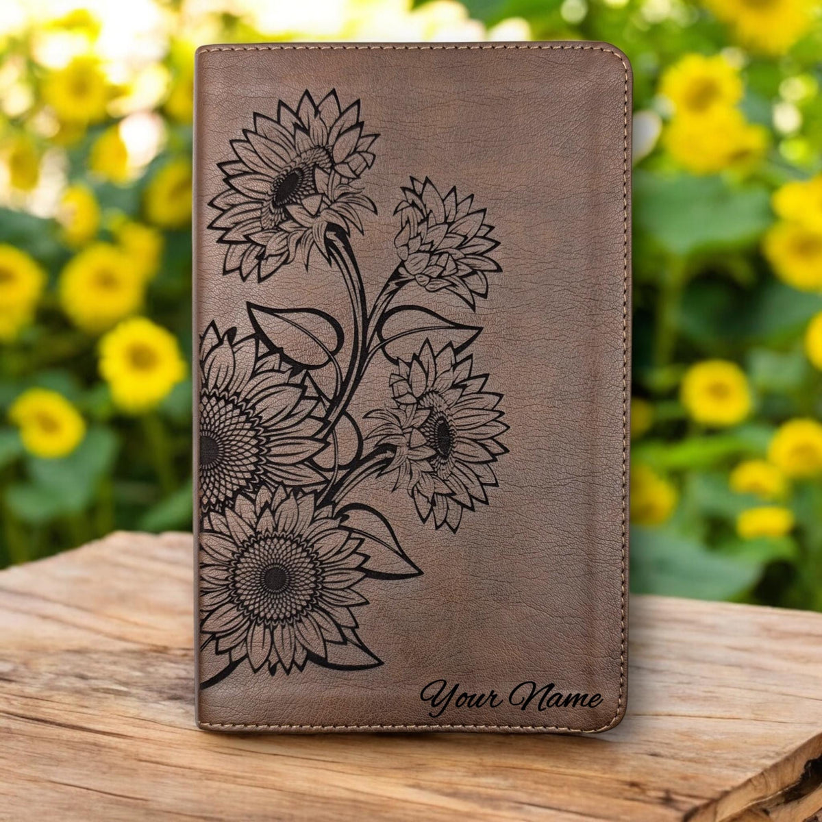 Personalized NLT Thinline Reference Bible for Women: Engraved Sunflower, Rustic Brown Leatherlike