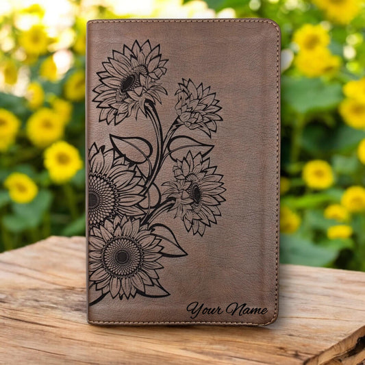 Personalized NLT Thinline Reference Bible for Women: Engraved Sunflower, Rustic Brown Leatherlike