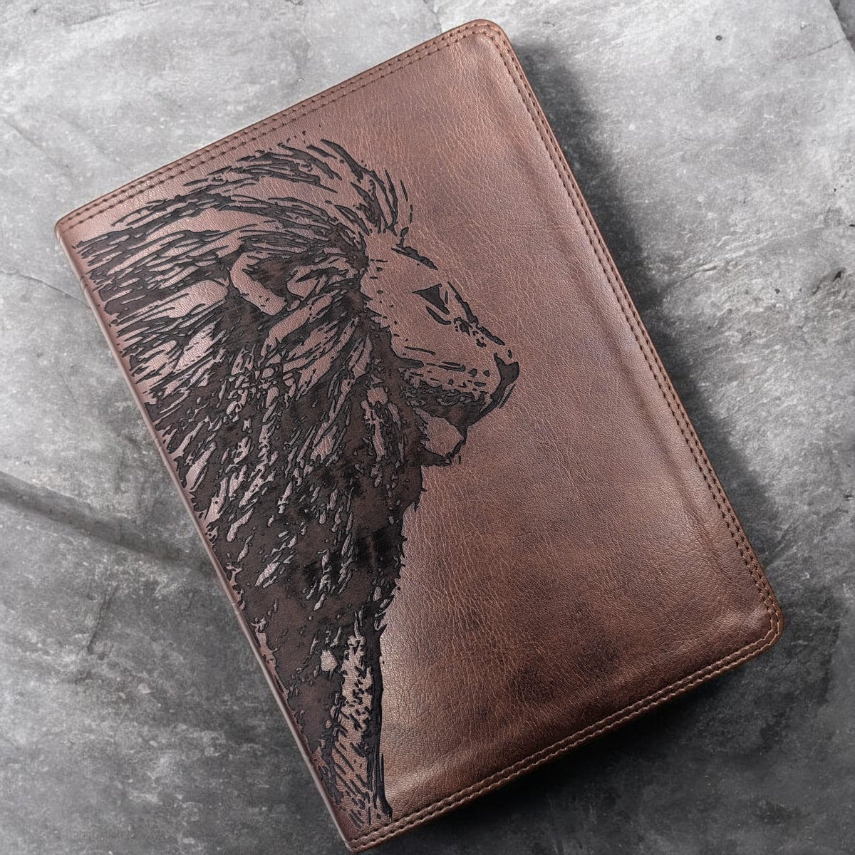 Personalized ESV Bible Giant Print: Engraved Lion and Crown of Thorns, Brown Leatherlike