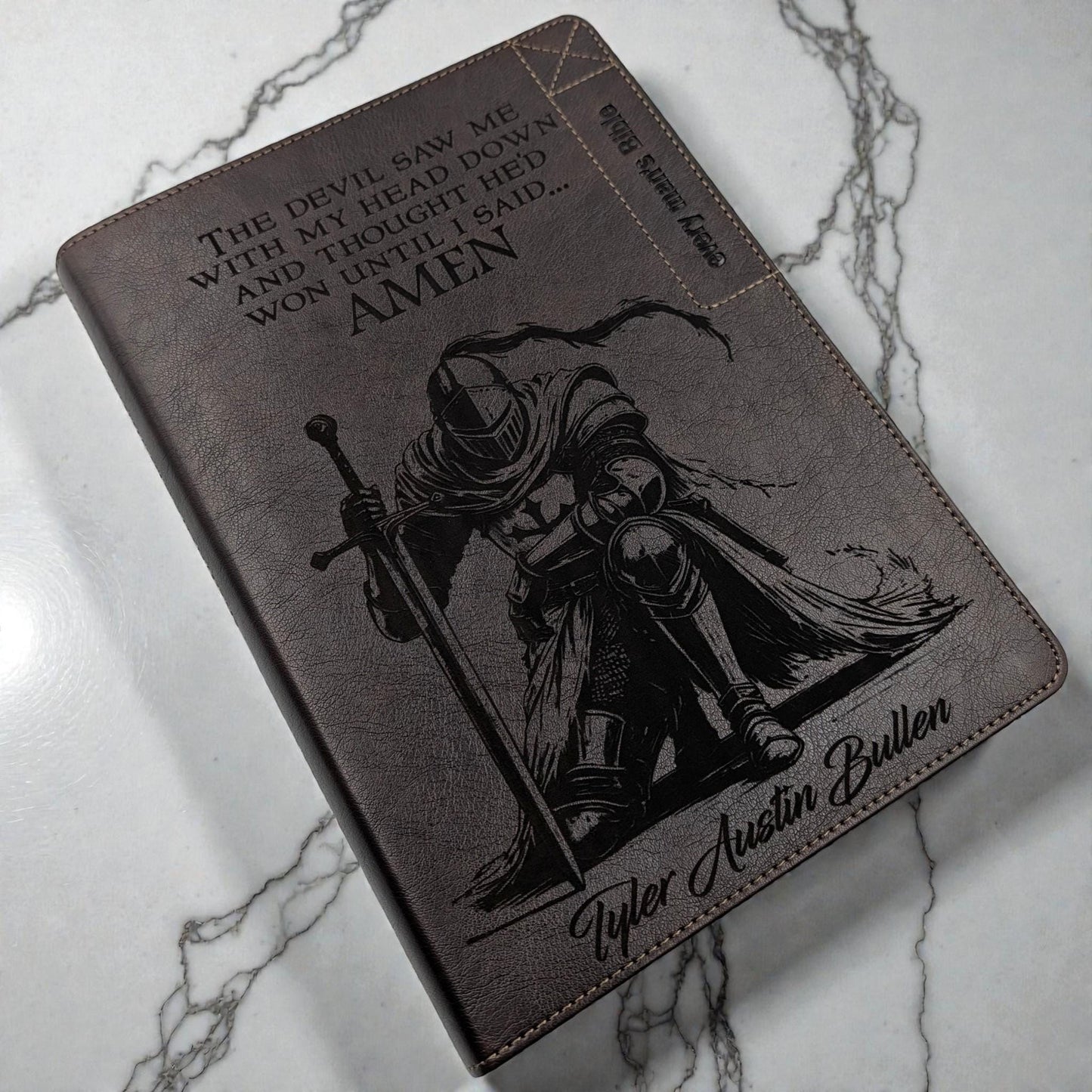 Personalized Every Man's Large Print NLT Bible (Brown): Engraved Warrior & Crown, Optional Thumb Index