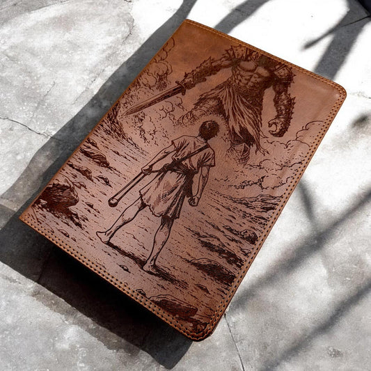 Personalized ESV Bible Giant Print: Engraved David and Goliath Design, Deep Brown Leatherlike