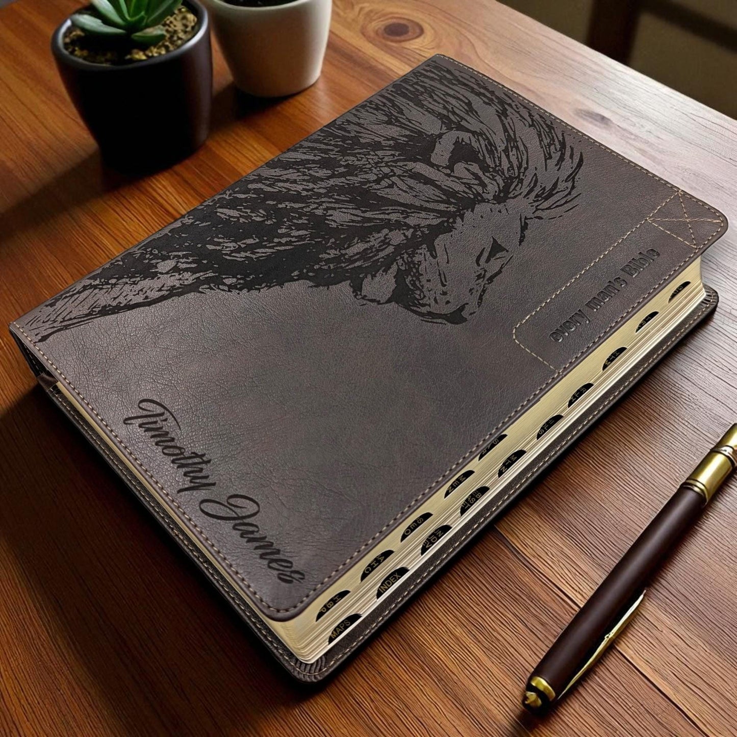 Personalized Every Man's Large Print NLT Bible (Brown): Engraved Lion, Optional Thumb Index